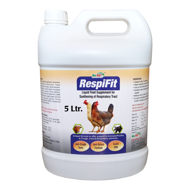 Cough Cold Herbal Tonic for Cow, Buffalo, Sheep, Goat, Calf, Chick, Broiler, 5 LTR, Respifit